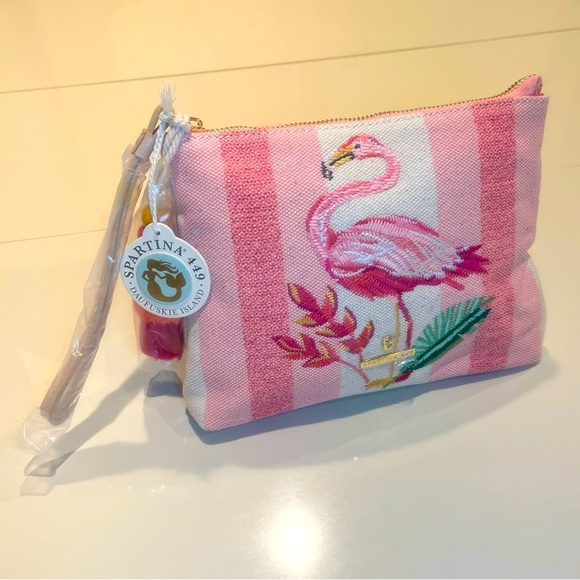 Spartina Carina Embroidered Flamingo Wristlet Pink & Cream NWT - Picture 2 of 15